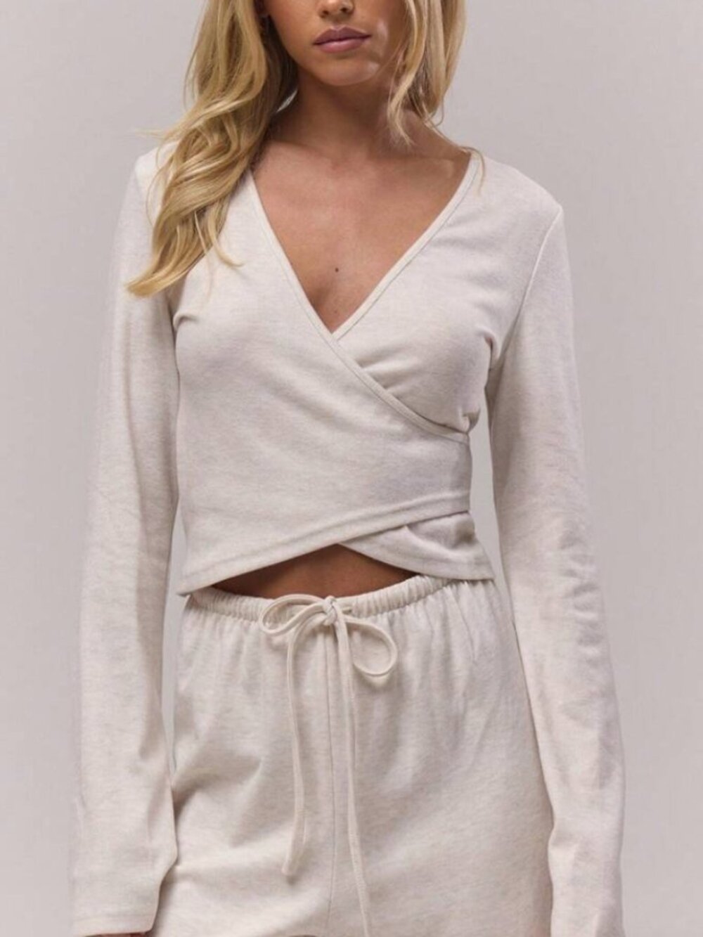 Cream Wrap-Front Long Sleeve Top from Musera Shein